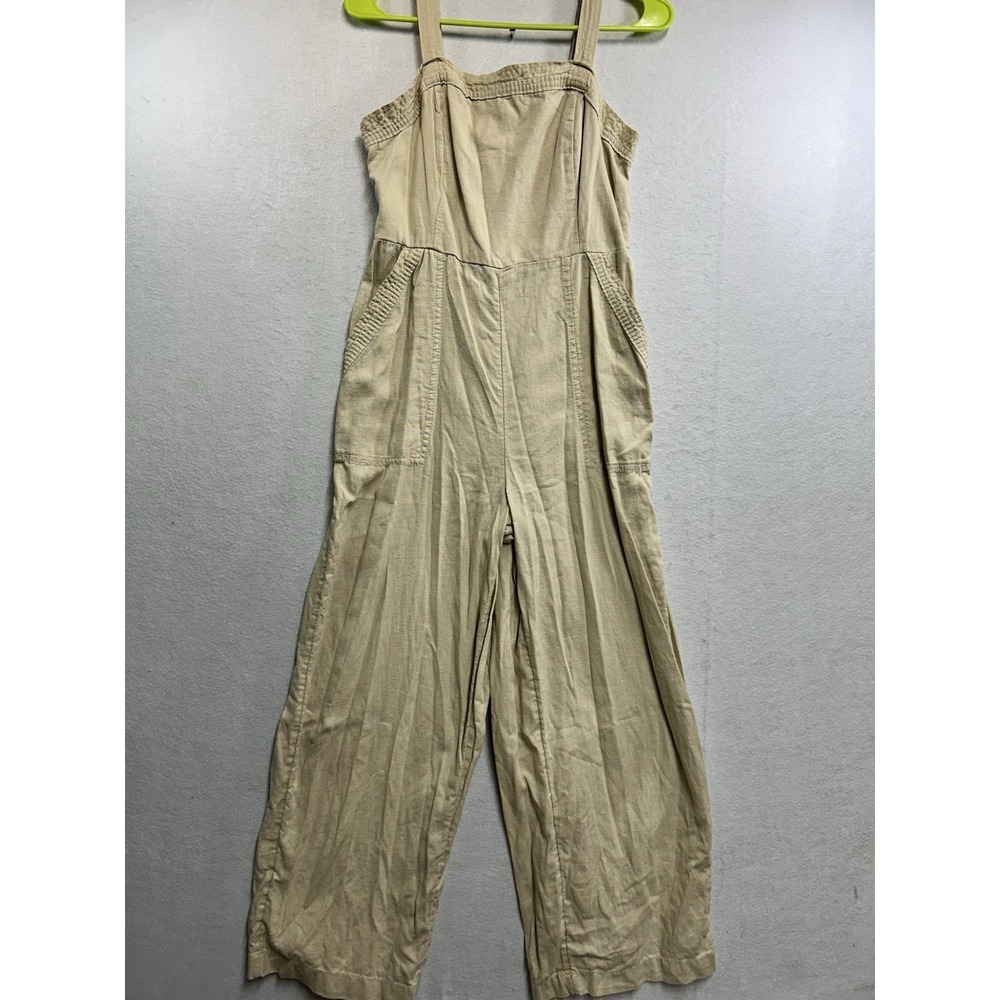 Old Navy‎ Beige Linen-Blend Smocked Wide-Leg Jumpsuit Pockets Size S